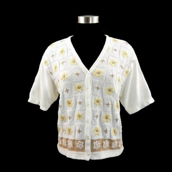 JH Collectibles Floral Off White/Gold Embroidered S/S Button Up Cardigan Women M - Picture 1 of 6
